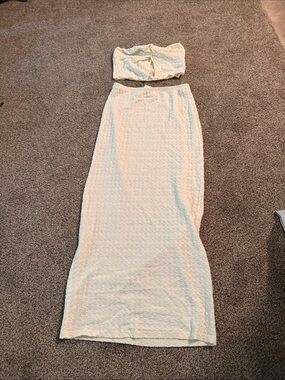 Two-Piece Strapless Textured Cream Skirt Set Shein Size M